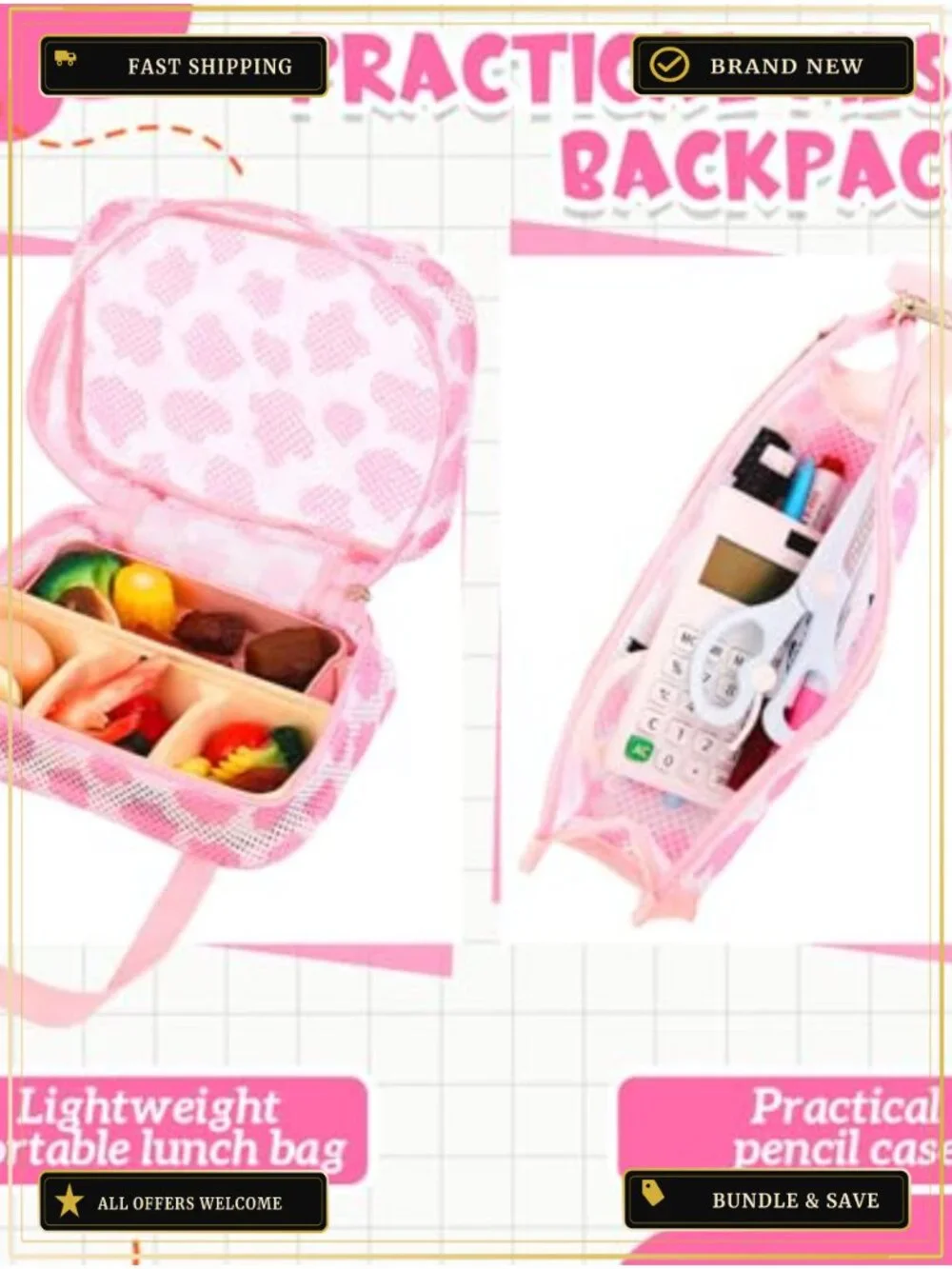 Mesh Backpack Set with Lunch Bag and Pencil Case, See Through, Multiple